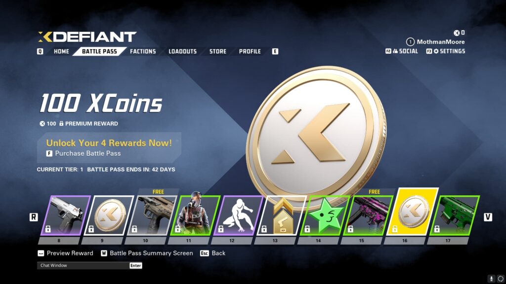 100 XCoins in the XDefiant Preseason Battle Pass.