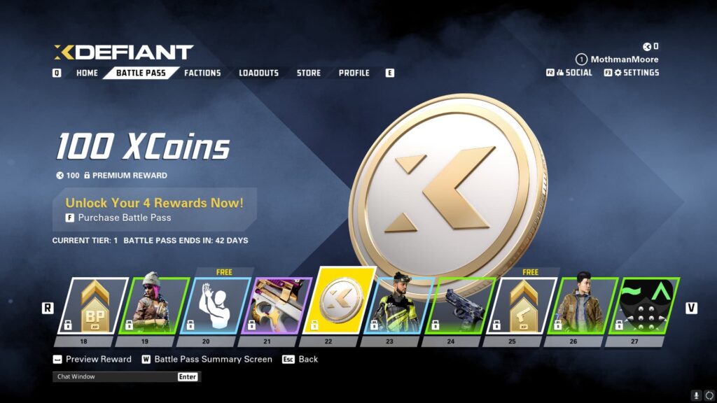100 XCoins in the XDefiant Preseason Battle Pass.
