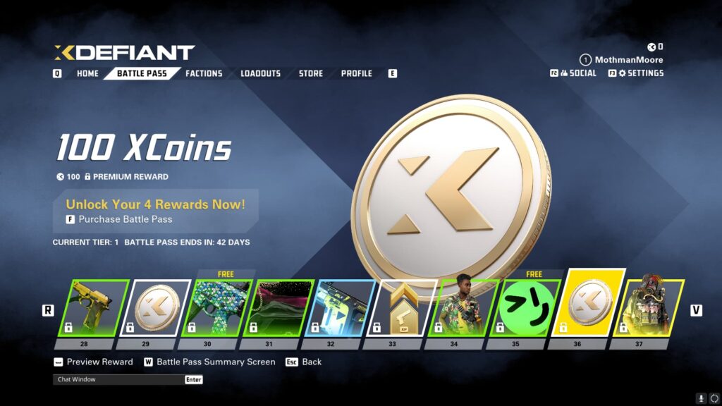 100 XCoins in the XDefiant Preseason Battle Pass.