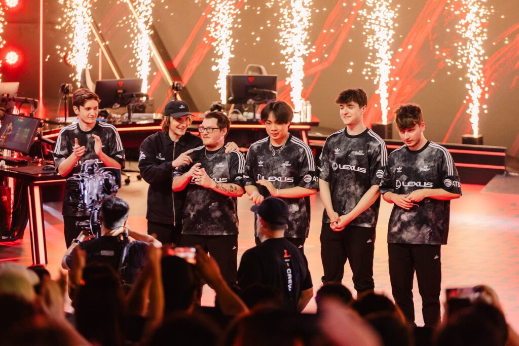 100 Thieves seen onstage after victory during VCT Americas Mid-Season Finals at the Riot Games Arena on May 12, 2024. 