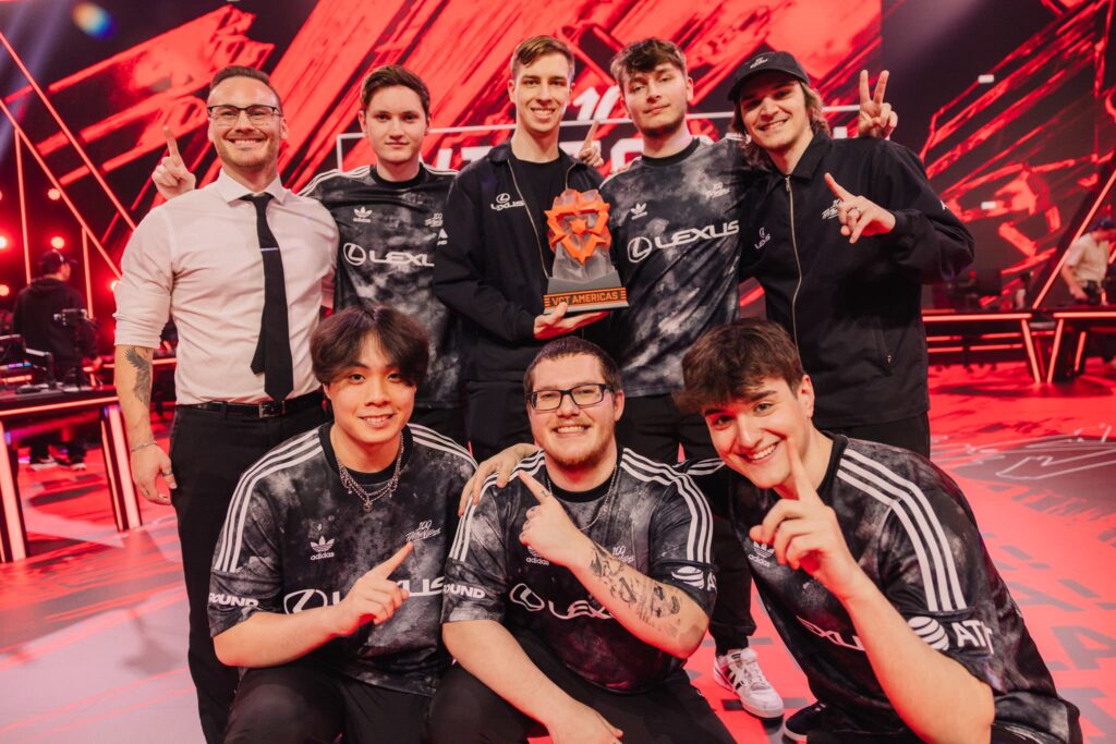 100 Thieves seen onstage after victory during VCT Americas Mid-Season Finals at the Riot Games Arena on May 12, 2024. 