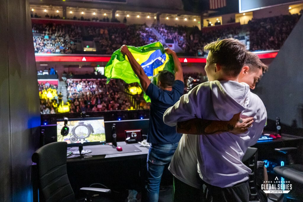 The new Blacklist International Apex Legends team, celebrating at the ALGS Split 1 Playoffs.