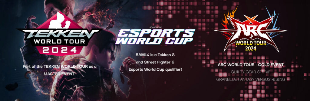 A poster for the fighting games event Battle Arena Melbourne, BAM14 — Tekken World Tour, Arc World Tour. Esports World Cup