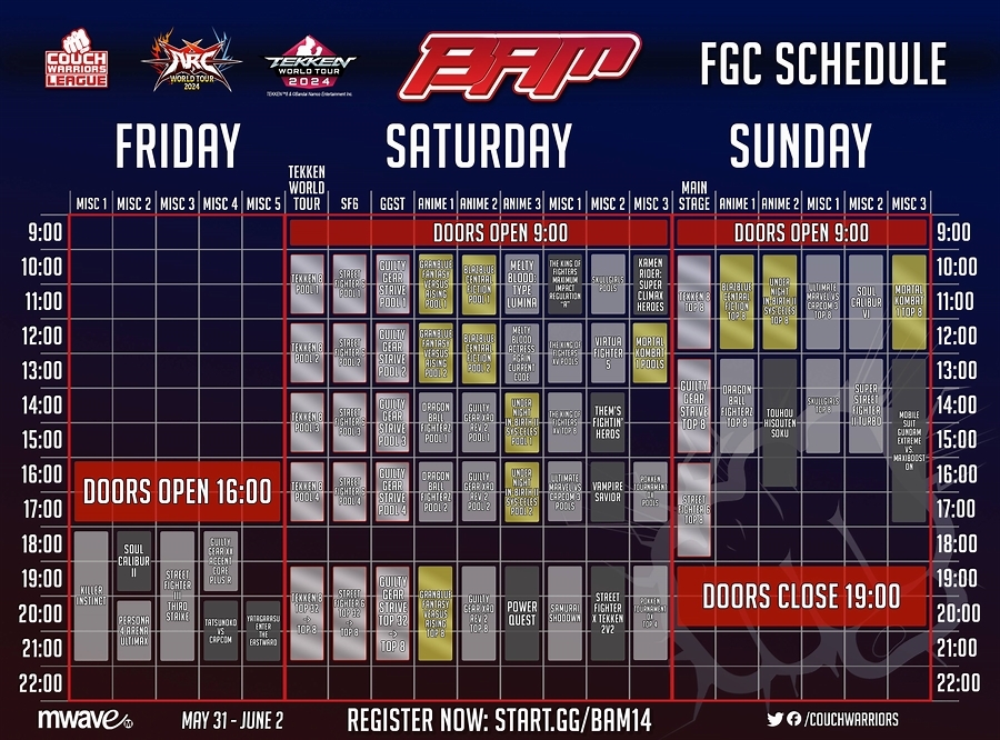 An image that shows the full schedule of the fighting esports event in Australia: BAM 14, or Battle Arena Melbourne 2024.