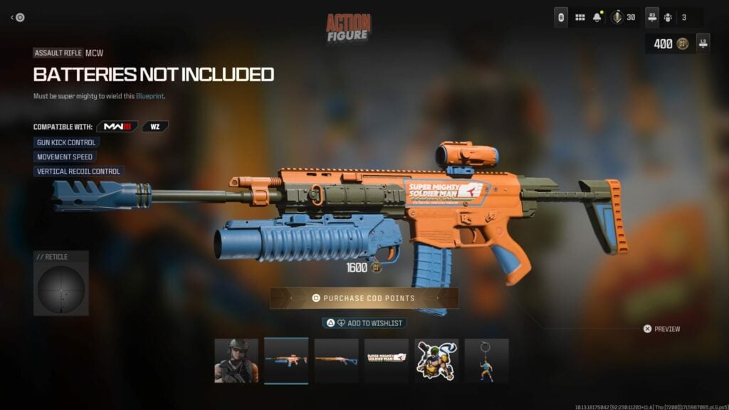 The Batteries Not Included Weapon Blueprint from the Call of Duty Action Figure Bundle.