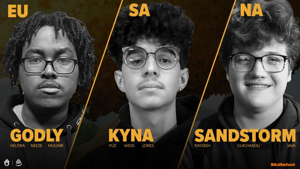 Photos of three top Brawlhalla players: Godly, Kyna, and Sandstorm. A poster for the esports event Spring Royale Invitational 2024.