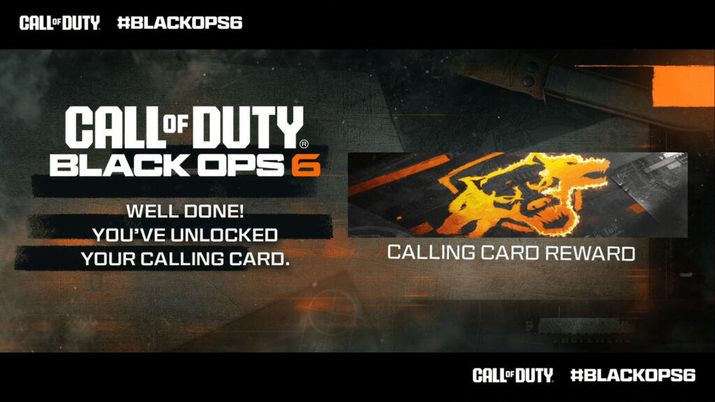 An example of a graphic sent to players who've claimed their Black Ops 6 Calling Card reward on Twitter. Shows an image of the reward and a message saying "Well Done! You've unlocked your calling card."