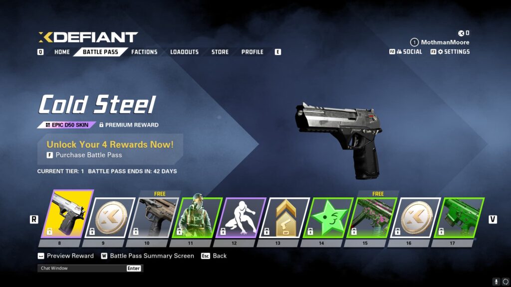 The Cold Steel D50 Skin in the XDefiant Preseason Battle Pass.