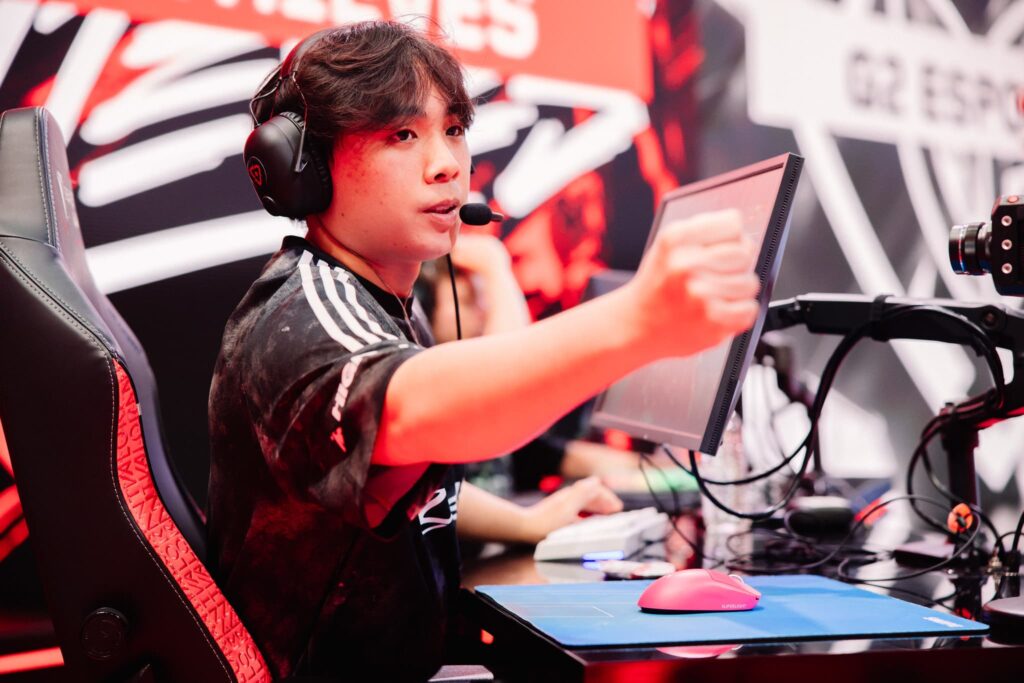 Cryo of 100 Thieves reacts onstage during Week 2 of VCT Americas Stage 1 at the Riot Games Arena on April 13, 2024. 