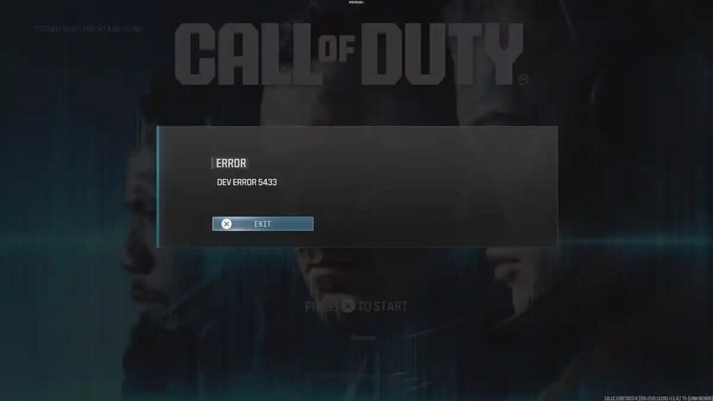 The DEV ERROR 5433 pop-up in Call of Duty.