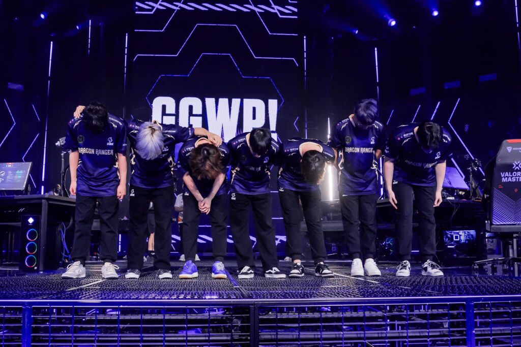 Dragon Ranger Gaming, with TvirusLuke second from the left, are seen on stage after being eliminated during the VALORANT Masters Shanghai Swiss Stage Day 4 at the VCT CN Studio on May 26, 2024 in Shanghai, China. 