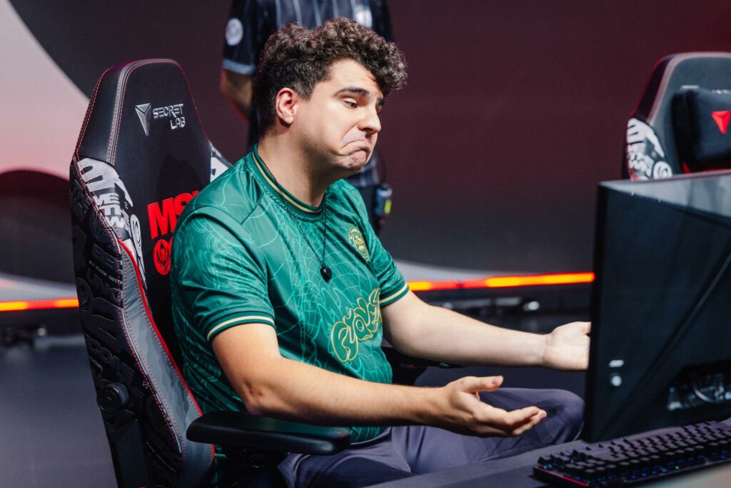 Gabriël "Bwipo" Rau of FlyQuest reacts on stage during MSI Play-Ins at the Chengdu Financial City Performing Arts Center in Chengdu, China on May 01, 2024. (Photo by Colin Young-Wolff/Riot Games)