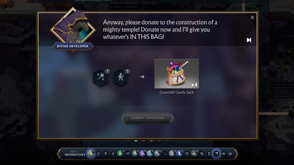 First donation to the Temple of Scree'Auk - Crownfall Act I (Image by esports.gg)