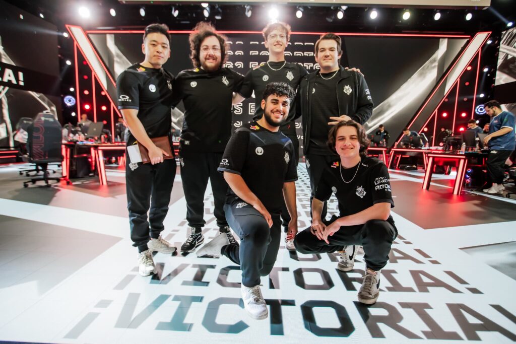 G2 Esports, who plays LOUD, are seen on stage after victory against MIBR during Week 4 of VCT Americas Stage 1 at the Riot Games Arena on April 27, 2024. 