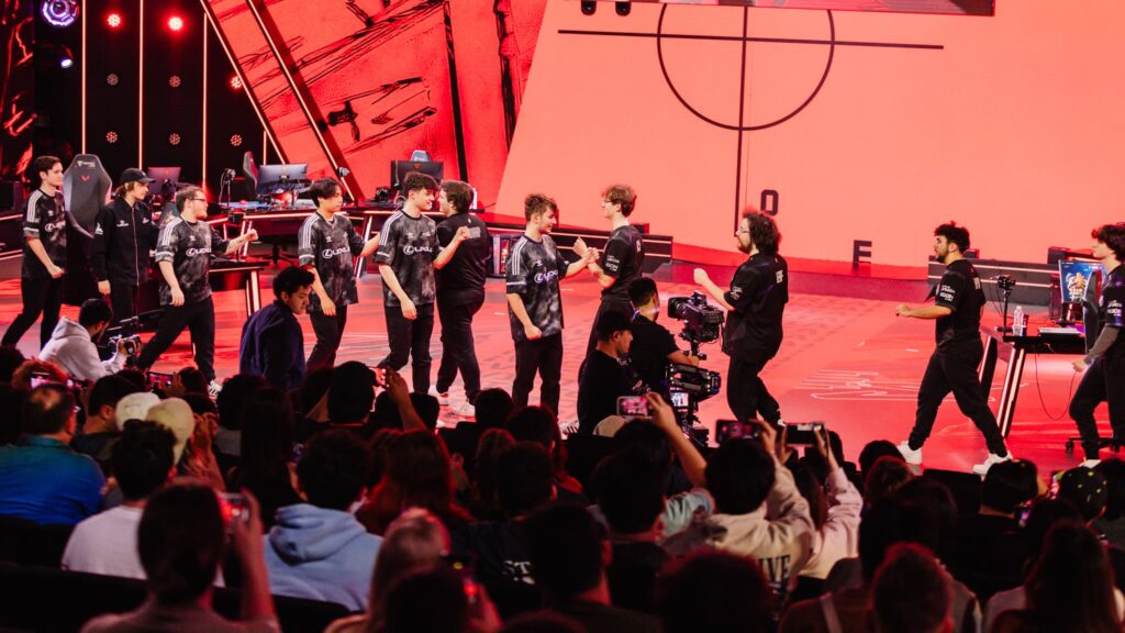 100 Thieves and G2 Esports fist bump onstage after competing during VCT Americas Mid-Season Finals at the Riot Games Arena on May 12, 2024.
