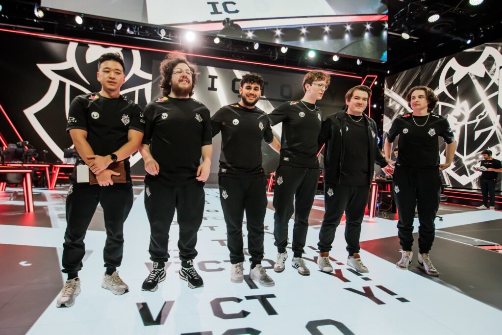 G2 Esports, who plays Cloud9, are seen on stage after victory against MIBR during Week 4 of VCT Americas Stage 1 at the Riot Games Arena on April 27, 2024.