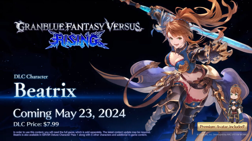 A poster for the release date of Beatrix in GBVSR, with an image of the new character in the fighting game Granblue Fantasy Versus: Rising