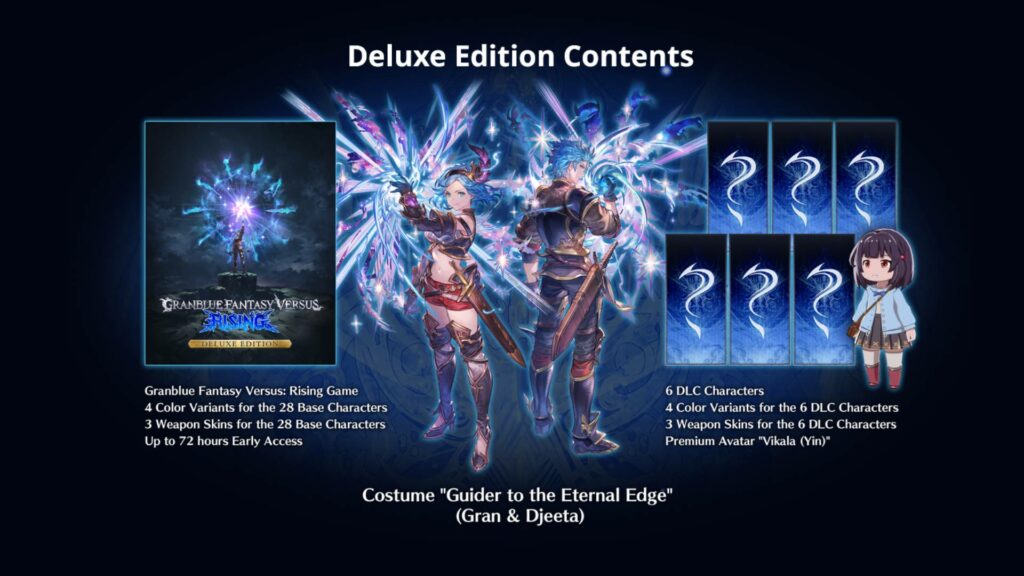 A poster of the deluxe edition of the anime fighting game Granblue Fantasy Versus: Rising (GBVSR) with a list of content and the image of two characters: Djeeta and Gran