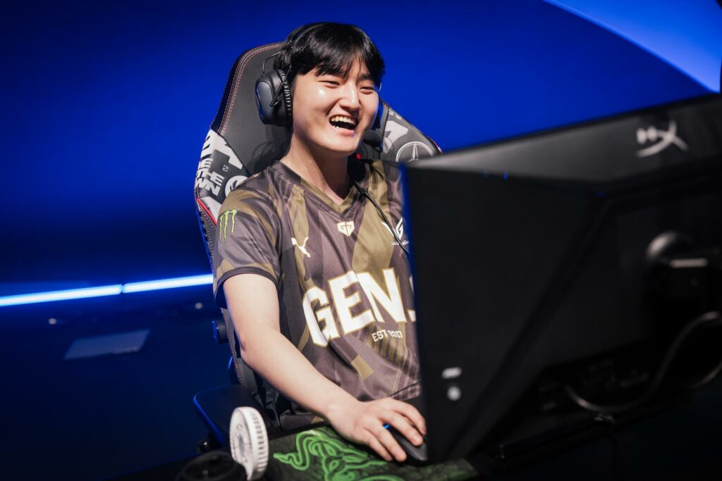 Kim "Peyz" Su-hwan of Gen.G Esports reacts on stage after victory against Bilibili Gaming during Mid-Season Invitational Finals at the Chengdu Financial City Performing Arts Center in Chengdu, China on May 19, 2024. (Photo by Colin Young-Wolff/Riot Games)