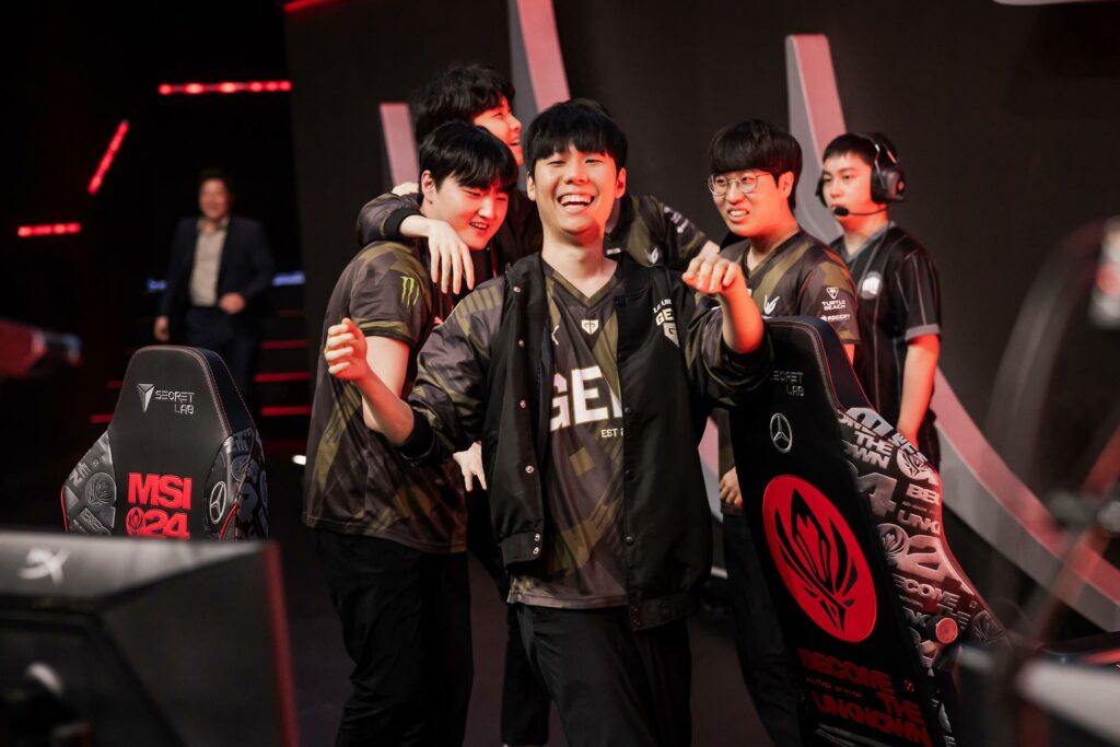 Gen.G Esports react on stage after victory against Bilibili Gaming during Mid-Season Invitational Finals at the Chengdu Financial City Performing Arts Center in Chengdu, China on May 19, 2024. (Photo by Colin Young-Wolff/Riot Games)