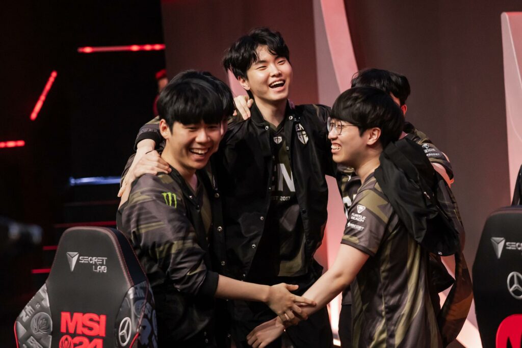 Gen.G Esports react on stage after victory against Bilibili Gaming during Mid-Season Invitational Finals at the Chengdu Financial City Performing Arts Center in Chengdu, China on May 19, 2024. (Photo by Colin Young-Wolff/Riot Games)