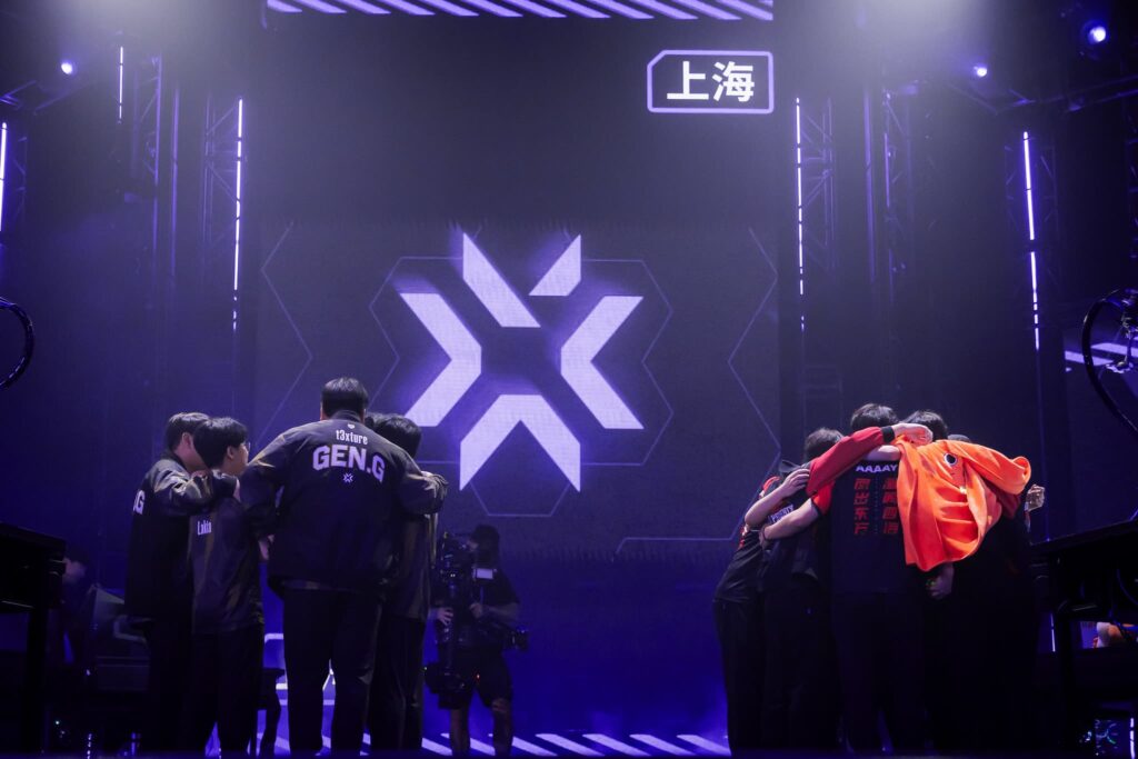 Gen.G Esports and FunPlus Phoenix are seen on stage during the VALORANT Masters Shanghai Swiss Stage Day 3 at the VCT CN Studio on May 25, 2024 in Shanghai, China. 