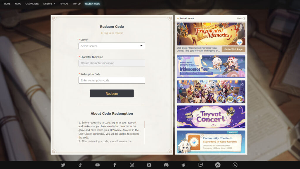 Genshin Impact code redemption page