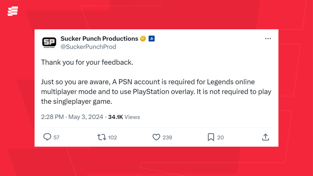 A screenshot of a Tweet by Sucker Punch Productions in which they reveal that Ghost of Tsushima will require PSN accounts for multiplayer on PC.