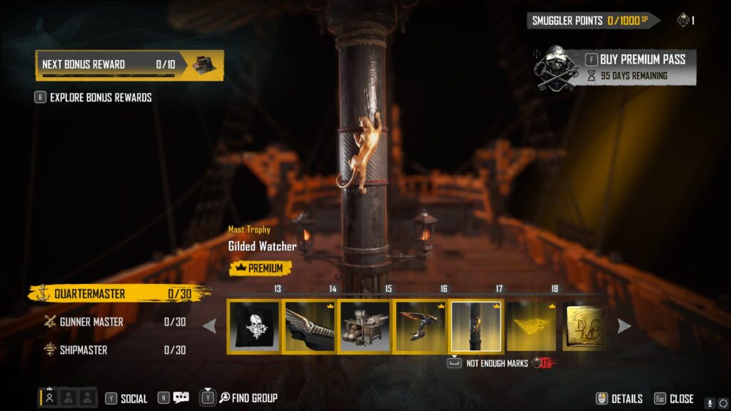 Gilded Watcher in the Skull and Bones Season 2 Smuggler Pass.