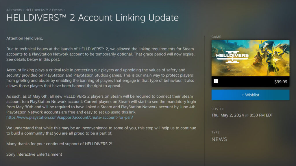 A screenshot of Sony's official announcement of the HELLDIVERS 2 PSN requirement.
