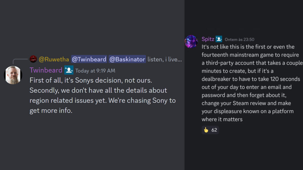 Screenshots of two Discord messages from HELLDIVERS 2 community managers about the PSN requirement.