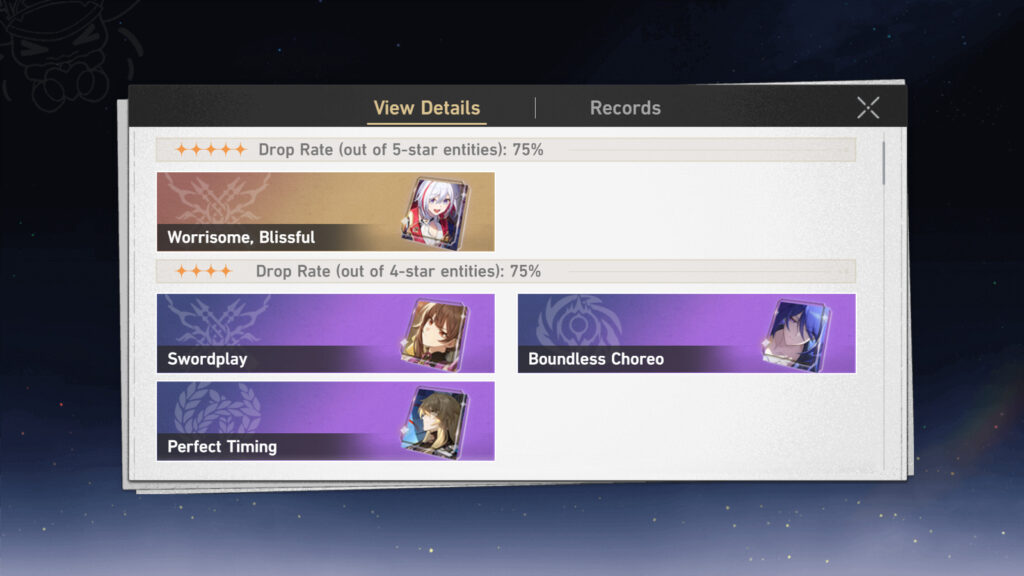 Bygone Reminiscence - A screenshot from the game Honkai: Star Rail with drop rates of characters in Light Cone Event Warp Part 1 of Version 2.2