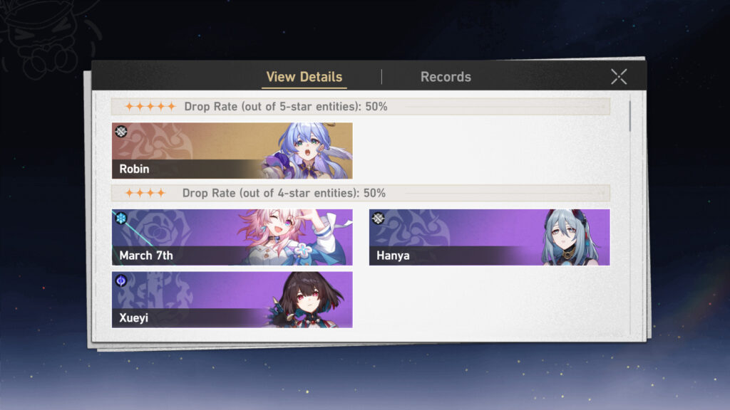 Just Intonation - A screenshot from the game Honkai: Star Rail with drop rates of characters in Character Event Warp Part 1 of Version 2.2