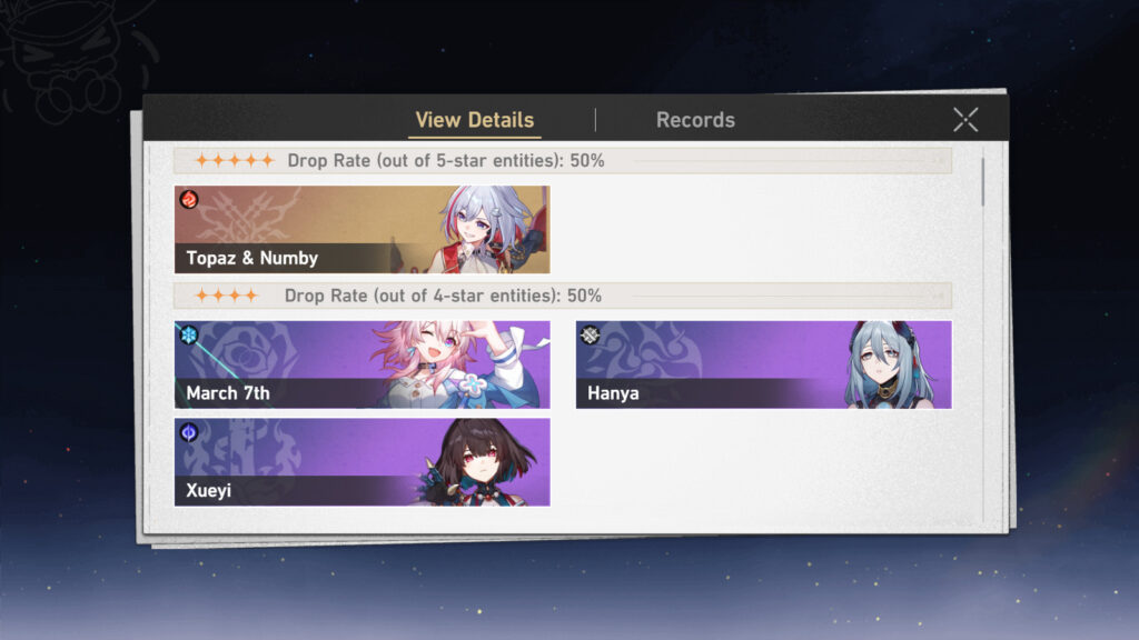 Sunset Clause - A screenshot from the game Honkai: Star Rail with drop rates of characters in Character Event Warp Part 1 of Version 2.2