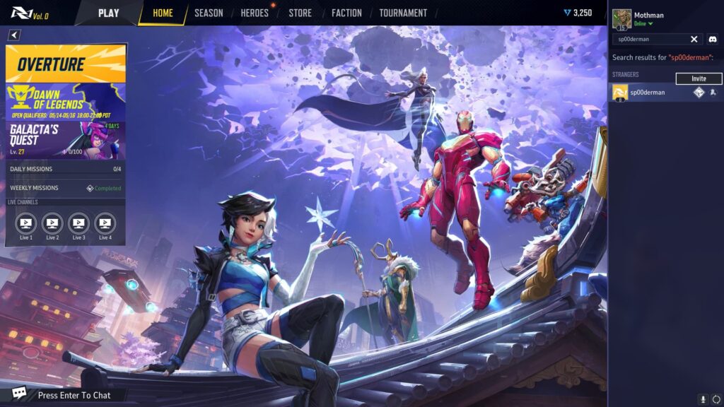 A player hovers over the Invite button for another player in Marvel Rivals.