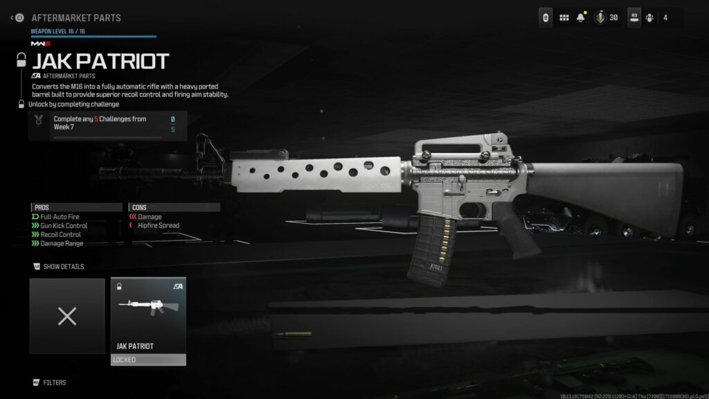 The JAK Patriot in MW3 with its pros and cons statistics.