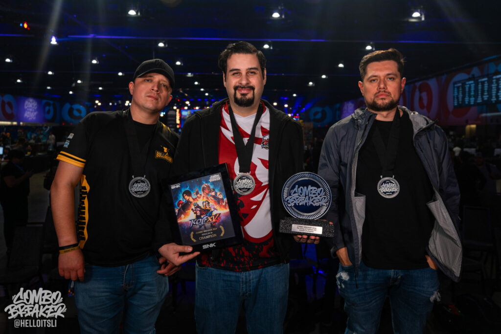 Three top players at The King of Fighters XV tournament at Combo Breaker 2024: ViolentKain, Wero Asamiya, and Koopatj