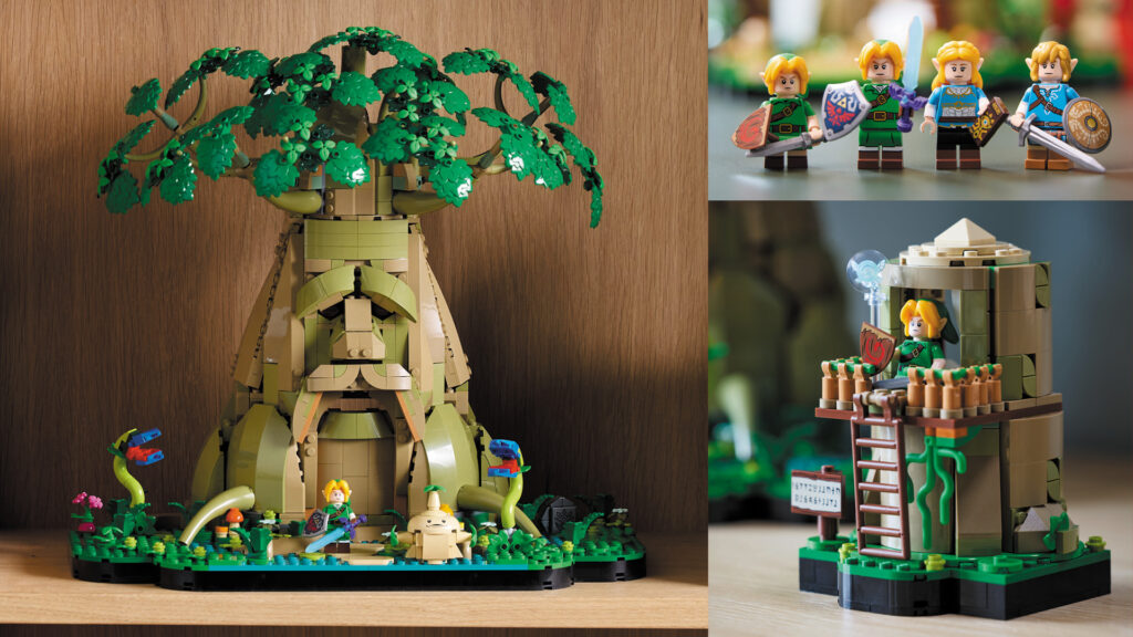 An assortment of three images of different parts of the Great Deku Tree LEGO set. One shows the Ocarina of Time configuration of the Deku Tree (left), another shows all four included character figures (top right), and the final one shows Link's house from the Ocarina of Time (bottom right)