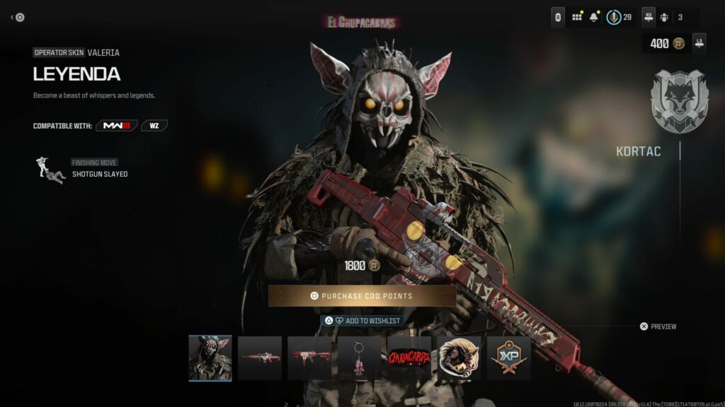 The Leyenda Operator Skin from the El Chupacabras bundle in Call of Duty.