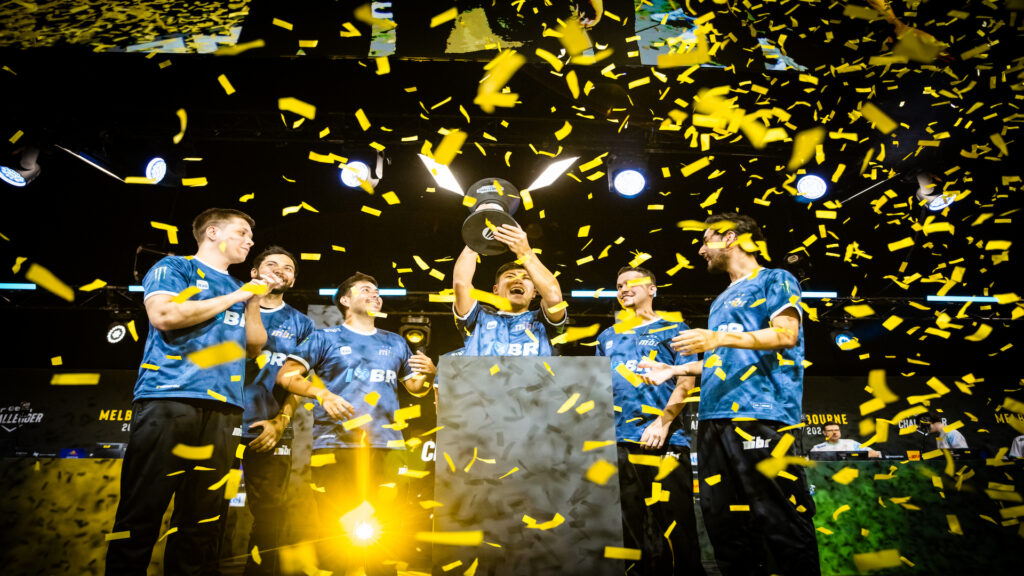 Photo taken of the moment MIBR lifted the ESL Challenger Melbourne CS2 trophy in April 2024. Insani, the star of MIBR, is the one with the trophy in hands.
