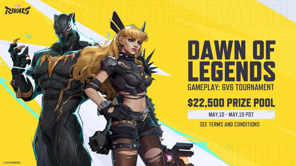 Black Panther and Magik stand together in a graphic announcing the Dawn of Legends tournament for the Marvel Rivals Closed Alpha Test.