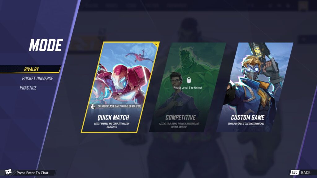 The three main modes of the Marvel Rivals Closed Alpha Test, Quick Match, Competitive, and Custom Game.