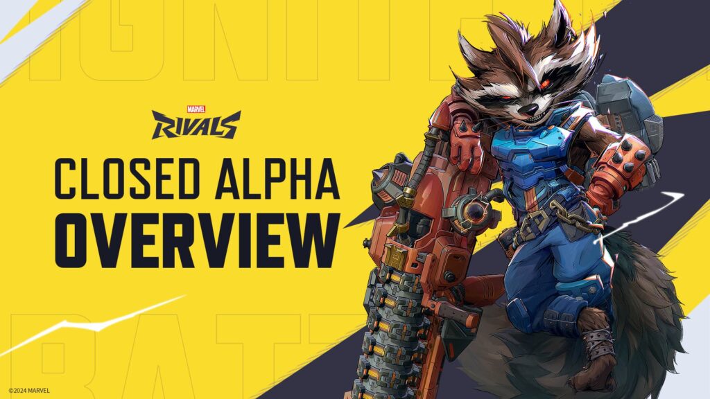 Rocket Raccoon rests on his weapon in an overview image for the Marvel Rivals Closed Alpha Test.