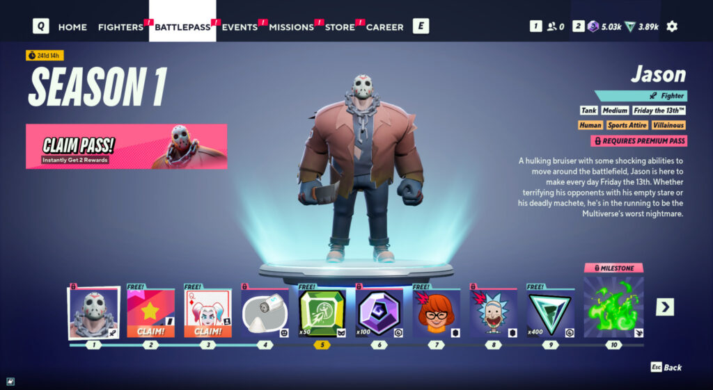 A screenshot of the Battle Pass Season 1 page in the fighting game MultiVersus with a list of rewards for unlocking the tiers