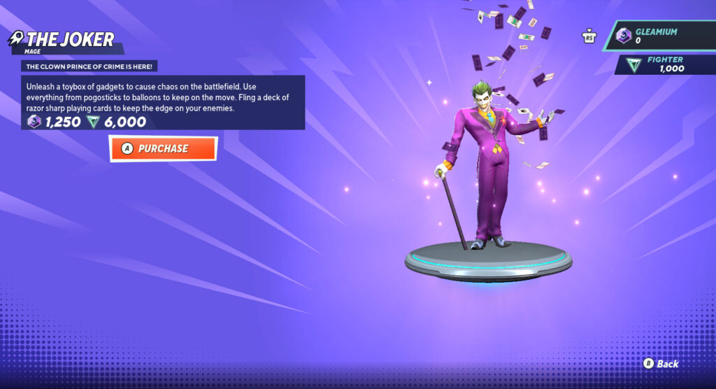 A screenshot from the game MultiVersus — a page of the Joker, a playable character