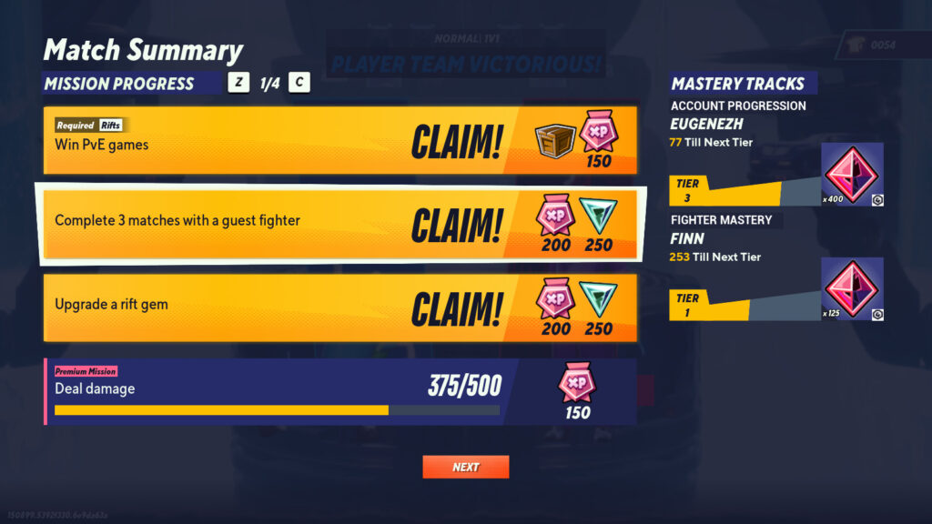 A screenshot from the platform fighting game MultiVersus that shows examples of regular missions and rewards for completing them.