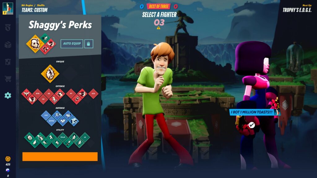 A MultiVersus screenshot: passive abilities, Perks, of Shaggy from Scooby Doo