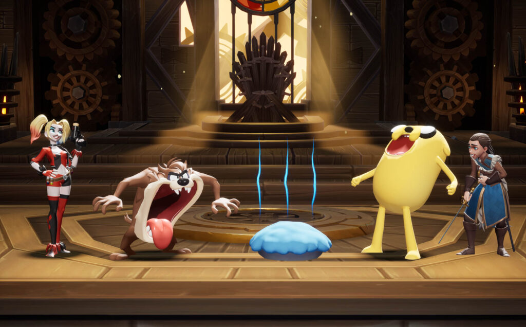 A screenshot from the platformer fighting game MultiVersus that features four characters: Harley Queen, Tasmanian Devil, Jake the Dog, and Arya Stark.