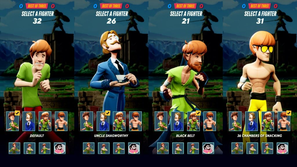 An image of the match starting screen in the platformer fighting game MultiVersus featuring different skins for Shaggy, a character from Scooby Doo