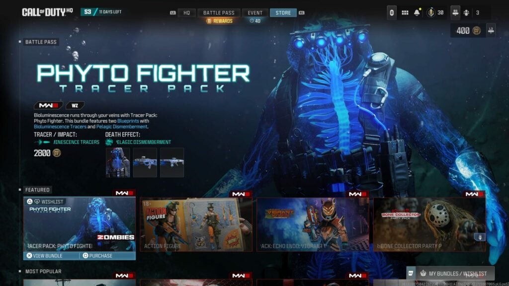 The Phyto Fighter Tracer Pack as a featured bundle in the Call of Duty store, with the price of 2,800 COD Points.